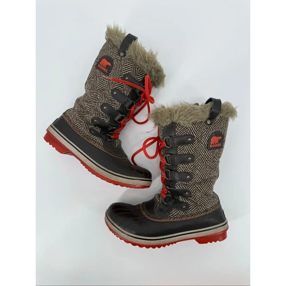 Sorel Tofino Brown Orange Fur Lined Snow Boots size 9.5